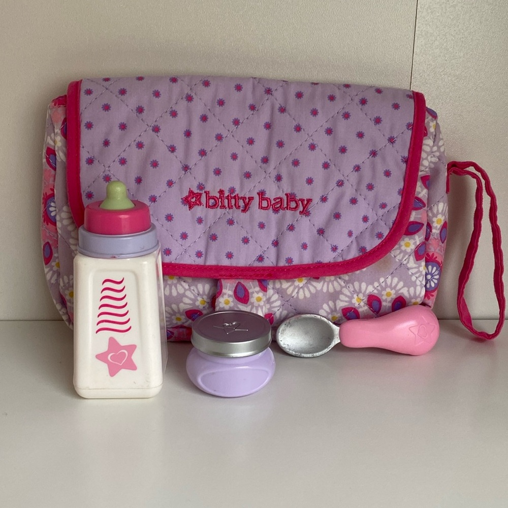 American Girl Bitty Baby Diaper Bag & Accessories feeding bottle spoon play food